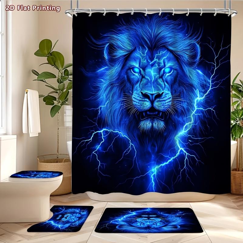 4Pcs Mystic Blue Lion Shower Curtain Set with Non-Slip Bath Mat, Toilet Lid Cover, Contour Rug & 12 Hooks, Bathroom Decor