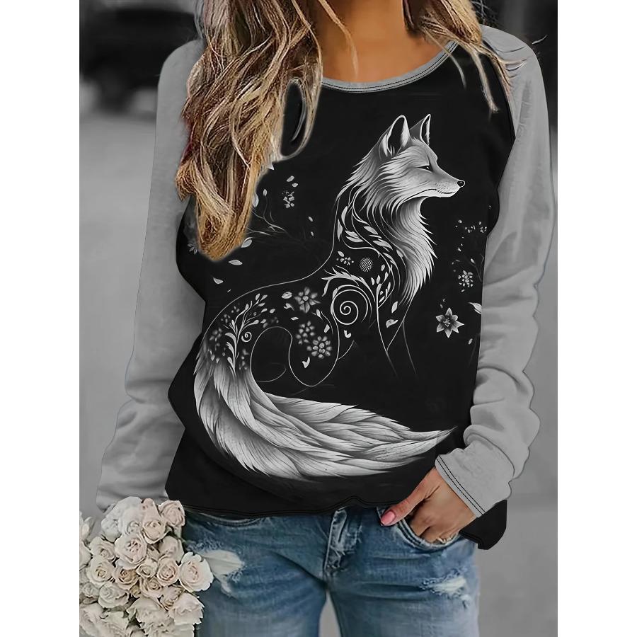 Women's 2024 Sleeves Stitching Fox Print Round Neck Long Sleeve Party Autumn Casual Pullover 3d Printing Casual Fashion Tops