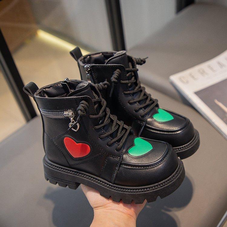 Girls Fashion Boots Kids Rubber Boots Cool Autumn and Winter Cotton Soft Sole Pink with Love Side Zip Children Princess Boots PU