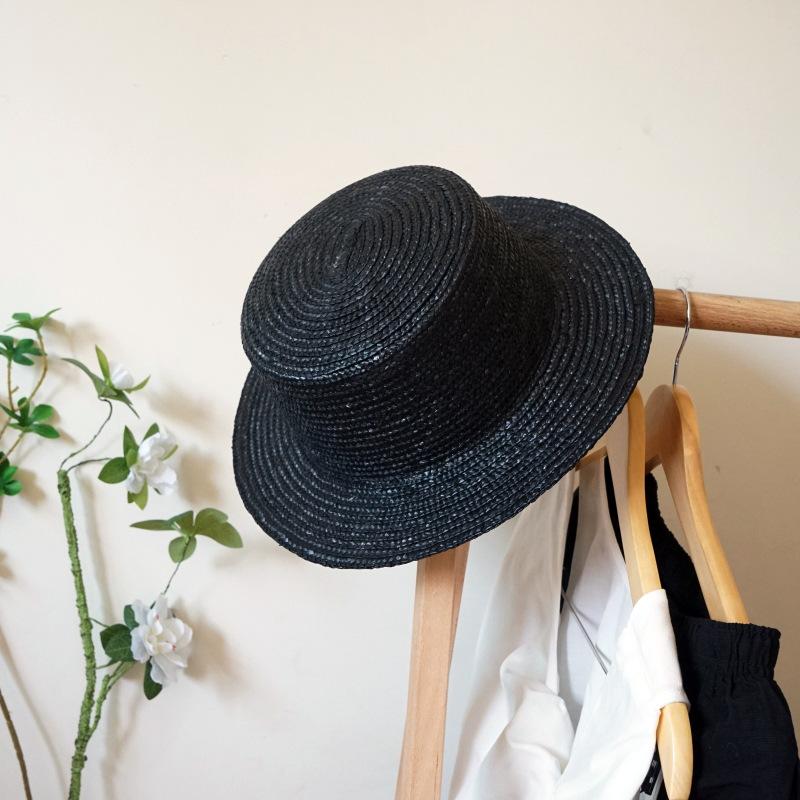 

Japanese Retro Black Straw Woven Flat Top Top Top Hat Women S Summer Sunshade Sun Protection Beach Vacation Straw Hat Sun Hat M（56-58cm）