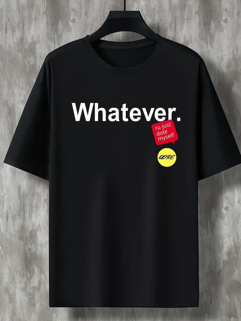 Unisexs Simple Letter T Shirt Whatever Slogan Color Sticker Graphic Print Short Sleeve Crew Neck Casual Cotton Male Daily Tee