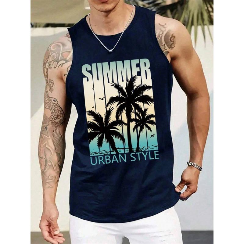 Nueva Moda Puesta de Sol Palmera Camiseta sin Mangas para Hombre Gráfico Tropical sin Mangas para Hombre Chaleco Vacaciones de Verano Atuendos Casuales de Vacaciones