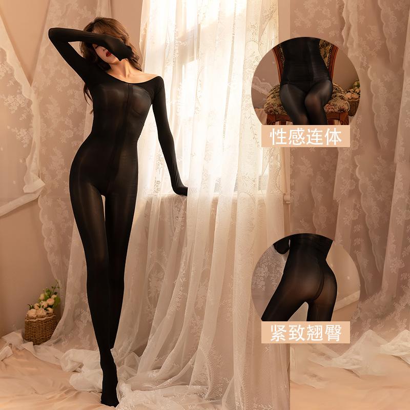 8D Open Crotch Horse Oil Stockings Sexy One-piece Stockings Full-body Stockings Pantyhose Oil Shiny One-piece Bodysuit White Bla