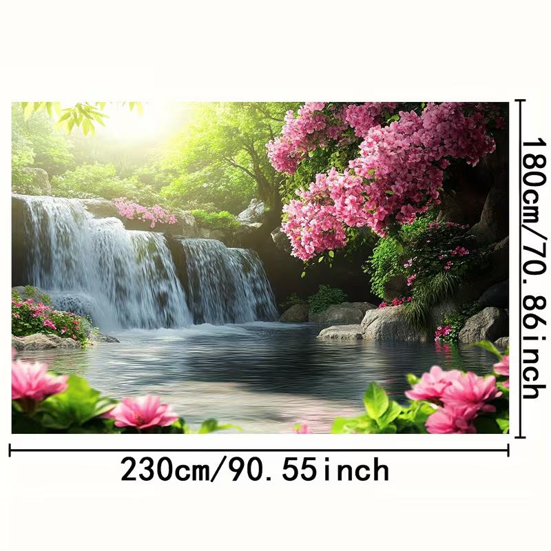 2D Serene Forest Waterfall Backdrop Blooming Nature Photography Background