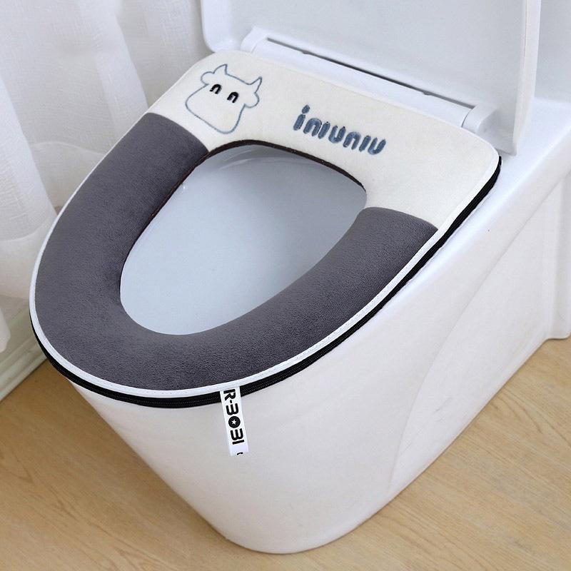 Bathroom Universal Toilet Cushion Plush With Handle Cute Cartoon Waterproof Toilet Washer Household Toilet Seat Cover Toilet Mat B