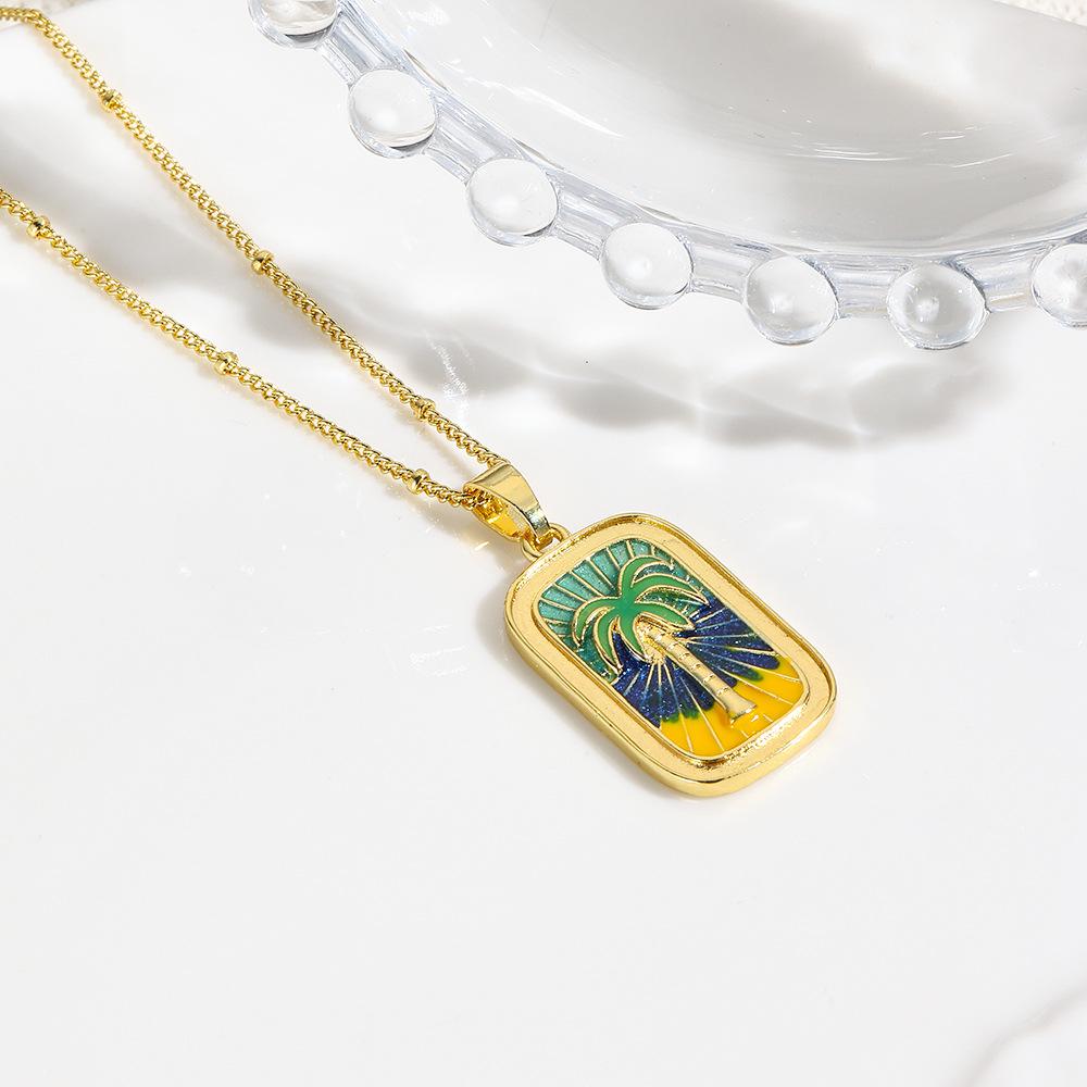 European and American Retro Copper Plated 18k Gold Coconut Tree Chrysanthemum Swan Dripping Oil Tarot Pendant Necklace Pendant