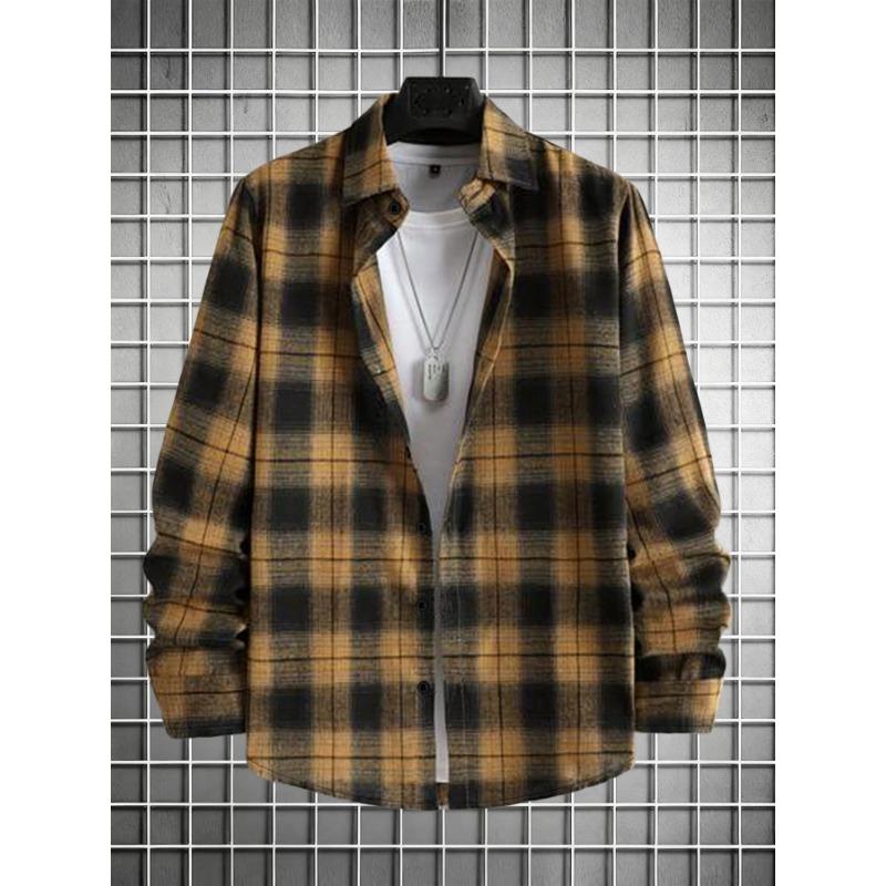 Camicia a maniche lunghe in flanella a quadri vintage nero e marrone da uomo per l'autunno