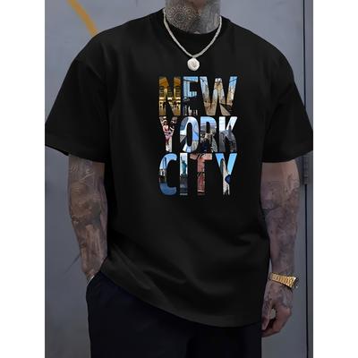 European Sizes Tees for Men, New York City English Letter Design Pattern Print T-Shirt, Casual Short Sleeve, for Summer