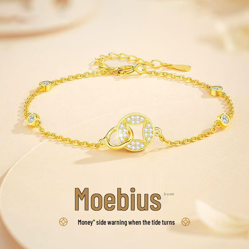 

S925 Sterling Silver Möbius Double Ring Coin Bracelet – Women s Chinese Style Wealth-Attracting Jewelry 925 Sterling Silver