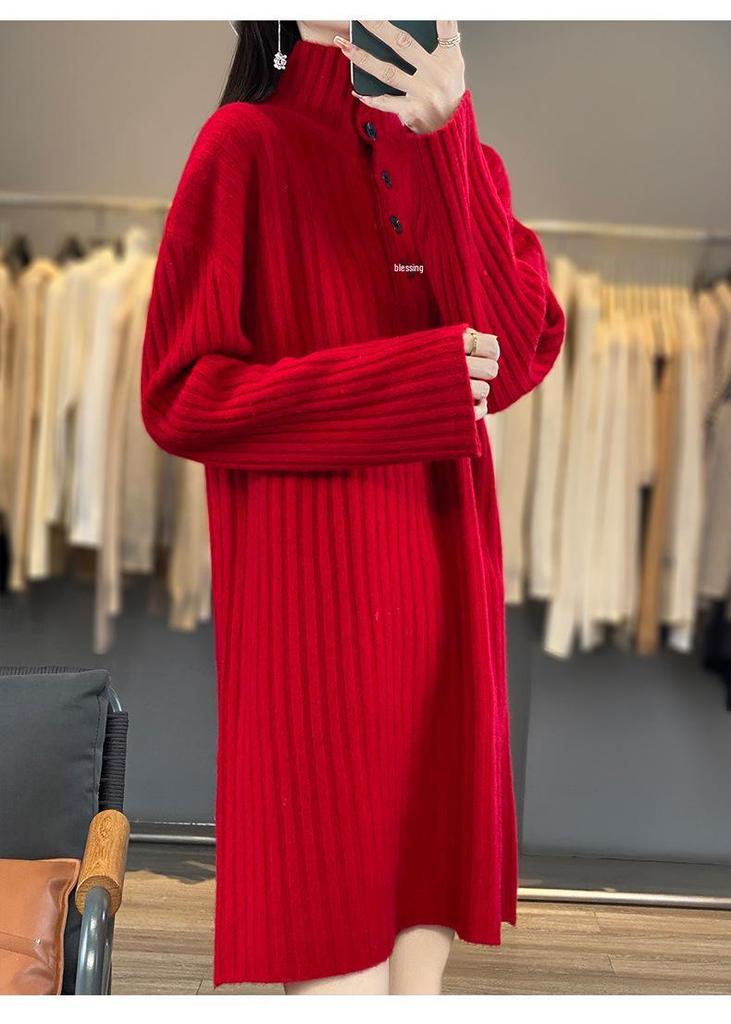 Petite Women's Wool Knit Dress with Half-High Neck - Mid-Length for Autumn/Winter