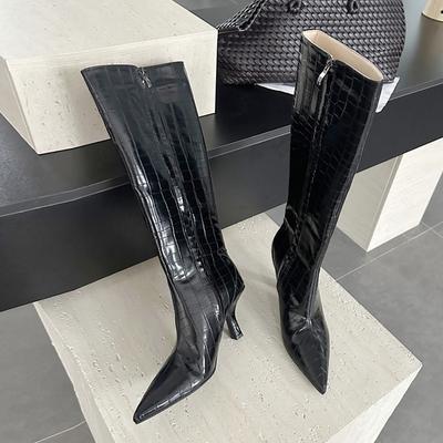 Stivali Lunghi alla Moda Liyke Autunno Inverno con Fantasia a Pietra in Pelle, Punta Affusolata Vintage, Zip, Scarpe da Donna con Tacco, Stivaletti Lunghi alla Moda