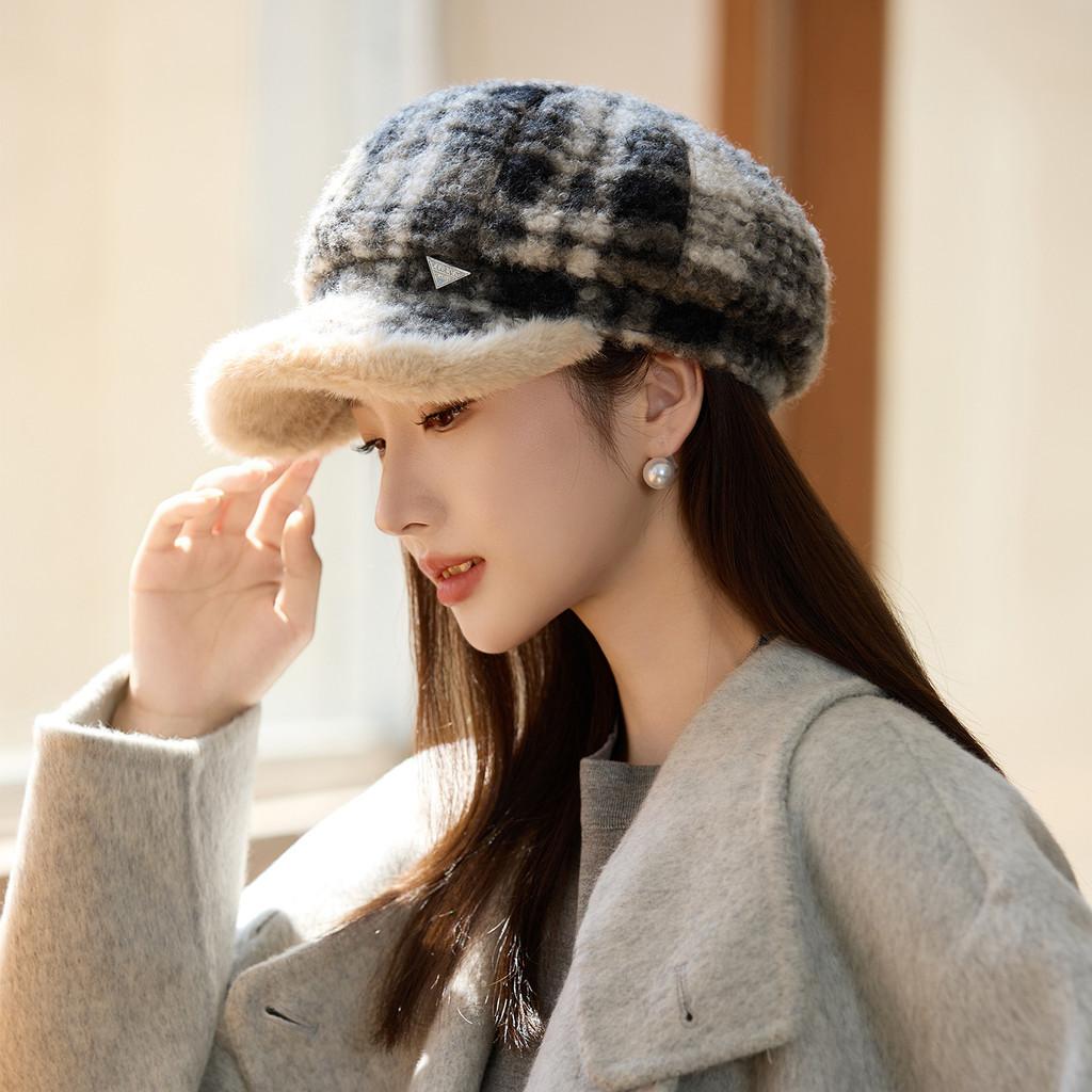 Wool Plaid Beret Hat For Women Winter Fashion Chic Warmth