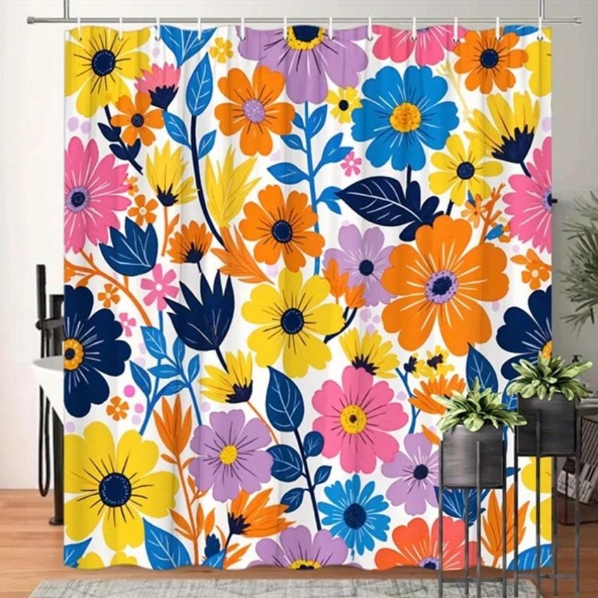 1pc Pop Art Floral Shower Curtain - Vibrant Flowers in Yellow, Orange, Blue, Purple, Pink, Polyester W90xH180cm
