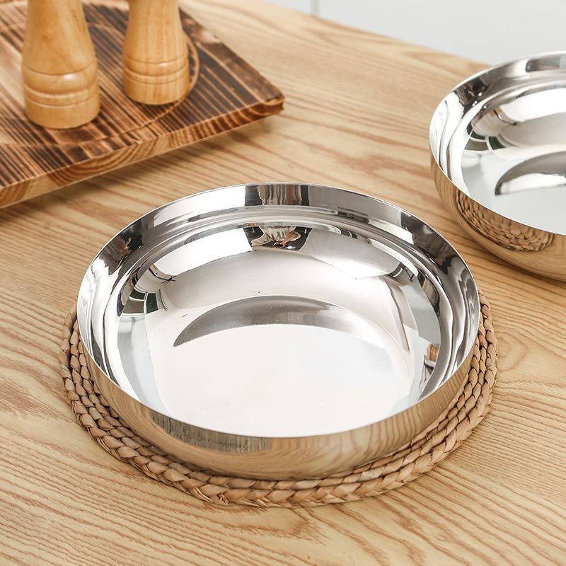 Silberne Runde Edelstahlschale, Salatschüssel, Obstteller, Esstisch-Dekoration Aufbewahrungsschale, Geschirr, Küchenutensilien