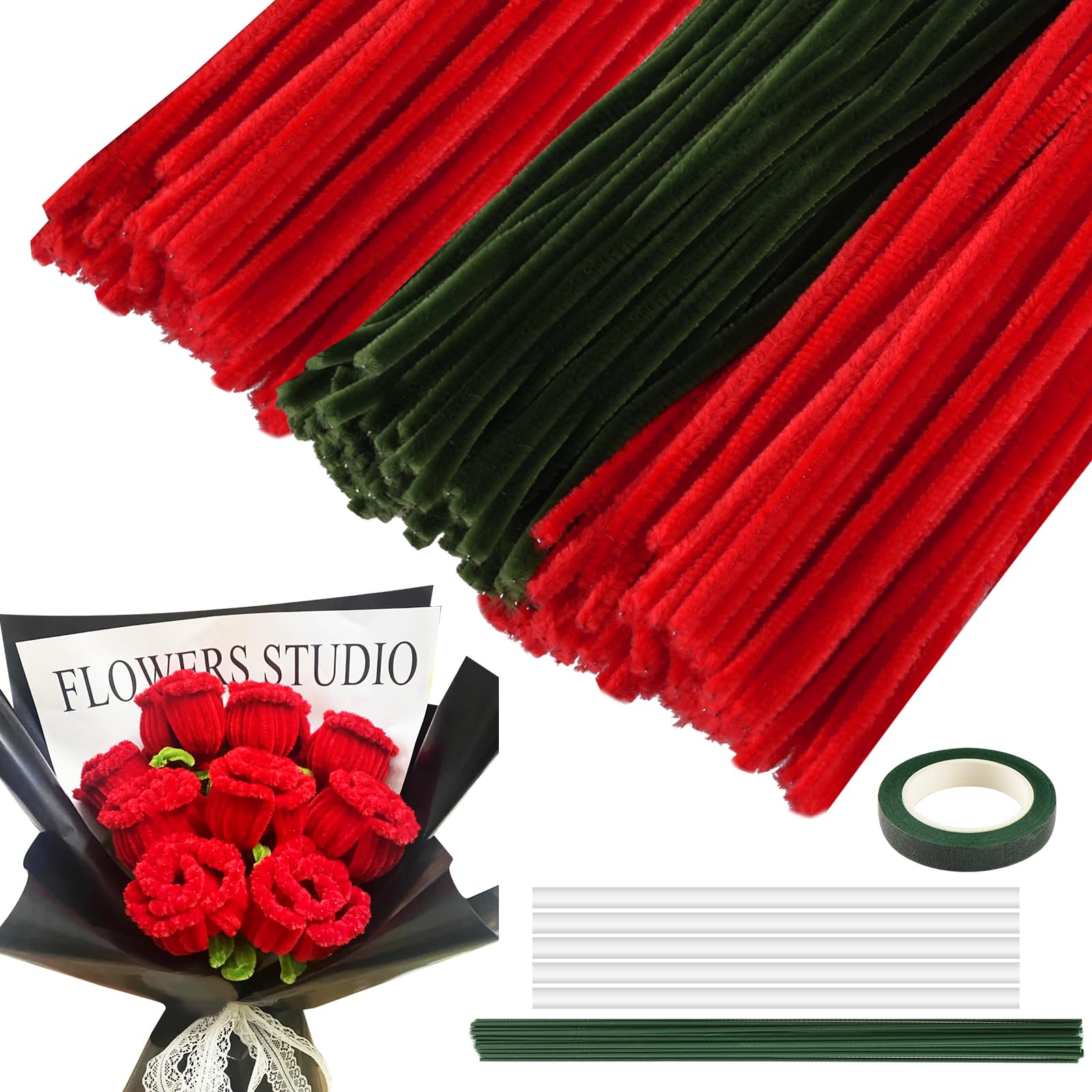 CHWNIBAY Artificial Rose Flower Craft Kit 20 Stems Red Green 6mm Pipe Cleaners Flower Tape DIY Decoration Memorial Birthday Mother s Day Valentine
