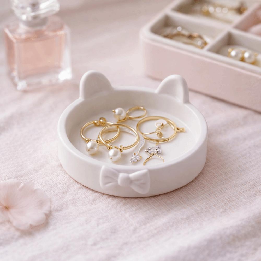 3D Printed Bow Jewelry Plate Cute Non-Slip Jewelry Holder Paw Print-Like Base Ornaments Cat Ear Storage Trays Office Desks