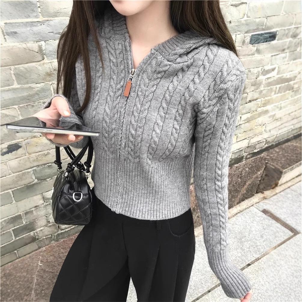 Short Twist Hooded Zipper Knitted Cardigan Women's Slim-fit Sweater Jacket