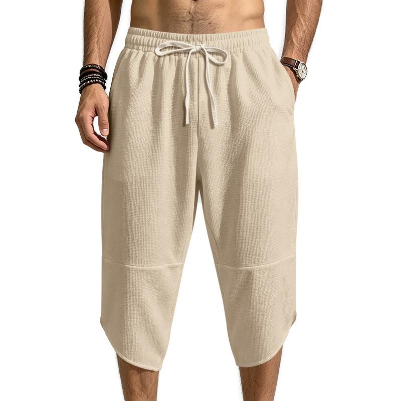 Mens Summer Beach Casual Waffle Knit Loose 3 4 Shorts