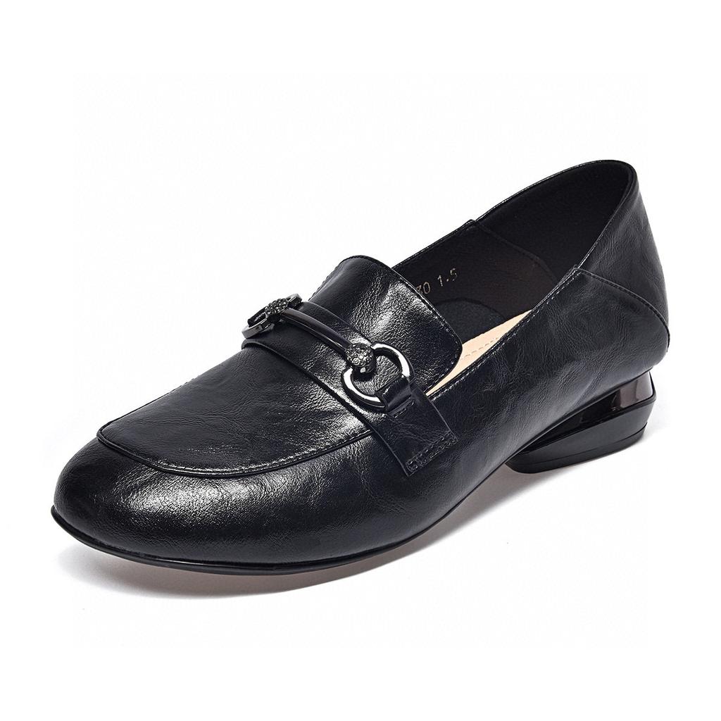 Round Head Flat Shoes Women's Spring New Metal Buckle Low Heel Shallow Mouth One Pedal Women's Small Leather Shoes