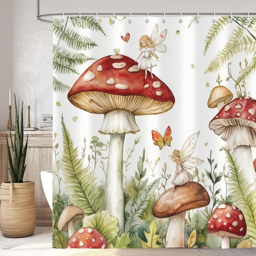 Sommer Pilz Duschvorhang, Aquarell Grüne Pflanzenblätter Feen Mädchen Badezimmervorhang, Polyester Stoff Wasserdichtes Bad Cur