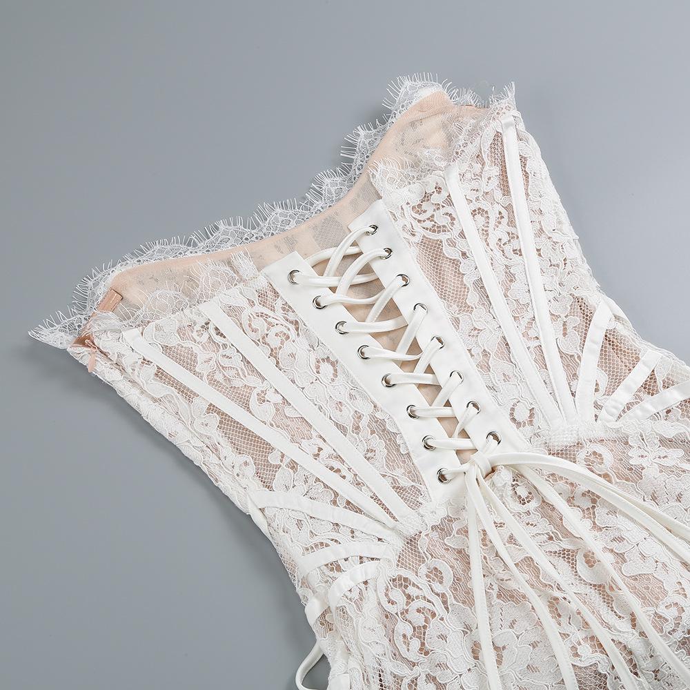 European & American Sexy Lace Irregular Bandeau Dress with Fishbone See-through Waist