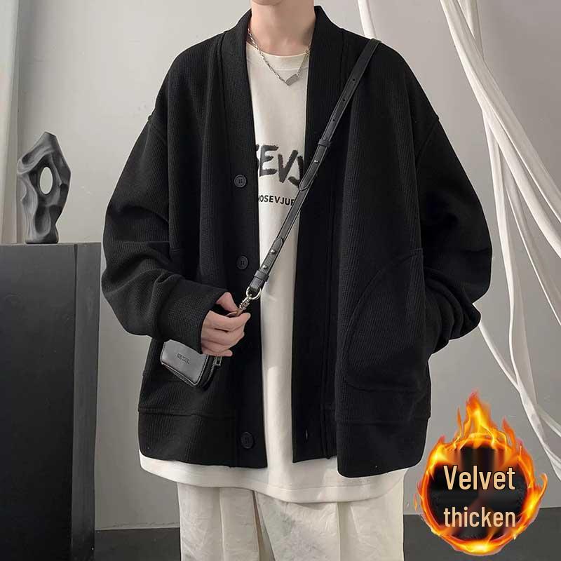 Men's Trendy V-Neck Waffle Knit Cardigan Hoodie - Spring/Autumn Casual Loose Fit Jacket