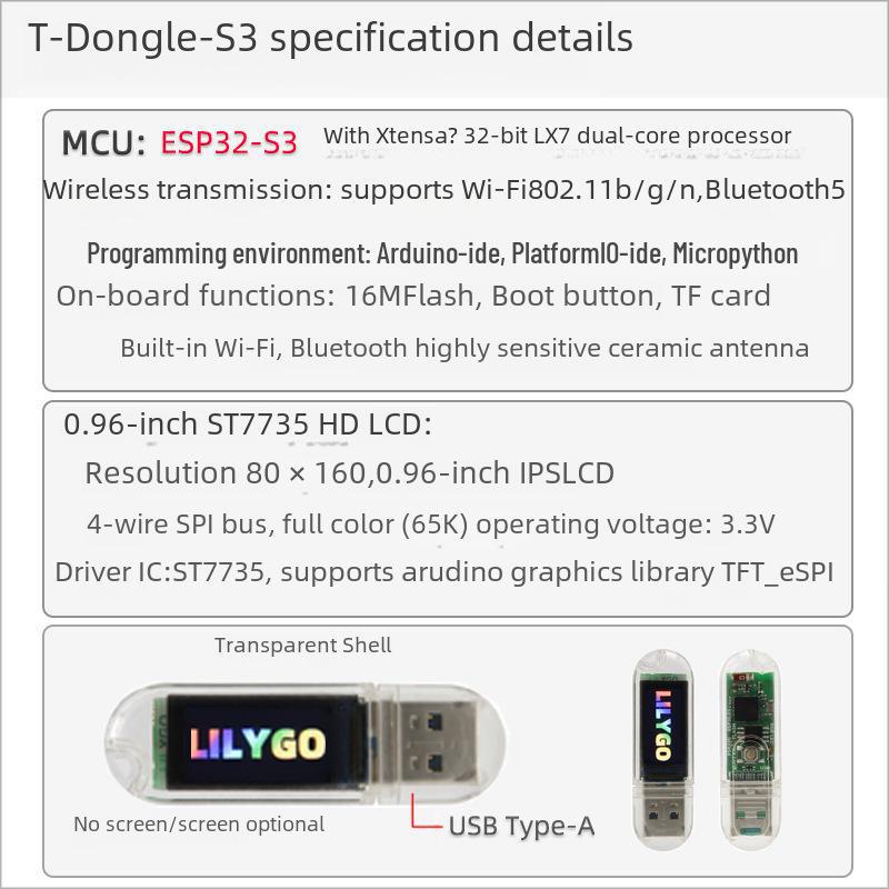 Placă de dezvoltare LILYGO® T-Dongle-S3 cu LCD de 0,96", WiFi, Bluetooth și suport pentru card TF