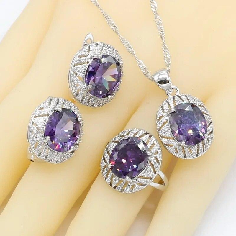 

Геометрический Фиолетовый Цирконий Дубай Ювелирные Наборы для Женщин Свадебный Браслет Серьги-Обруч Кольца Ожерелье Подвеска Подарочная Коробка 10