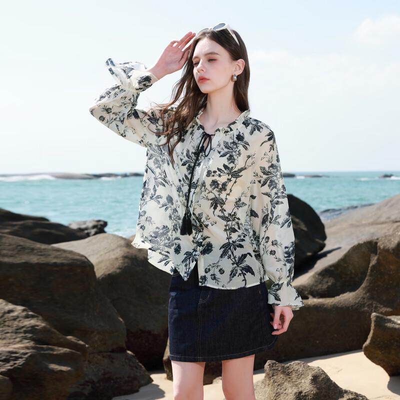 Sancai 2026 Spring Ruffle Round Neck Printed Blouse