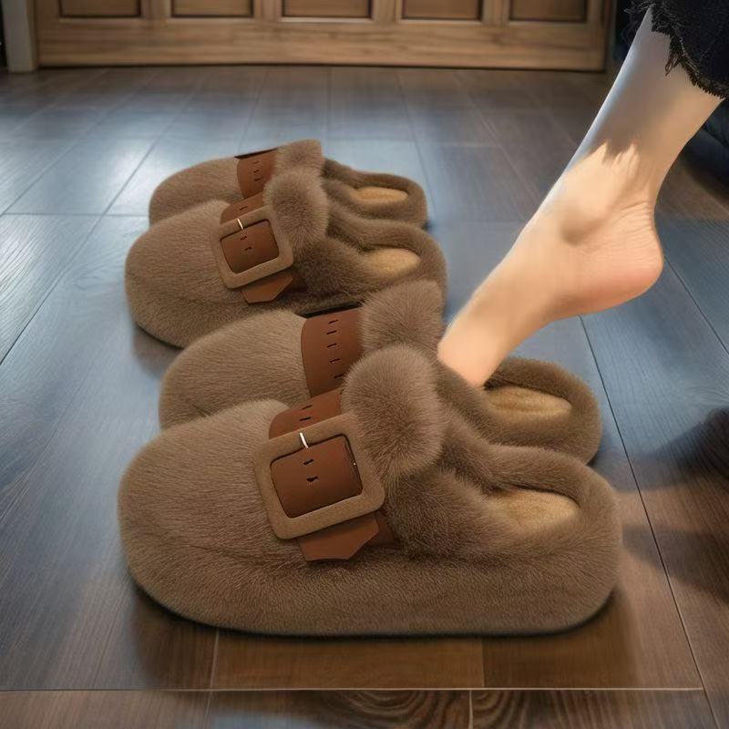 Baotou Mao Mao Slippers Women Wear New Thick-soled Belt Buckle Without Heel Lazy Half-drag Niche Cotton Slippers