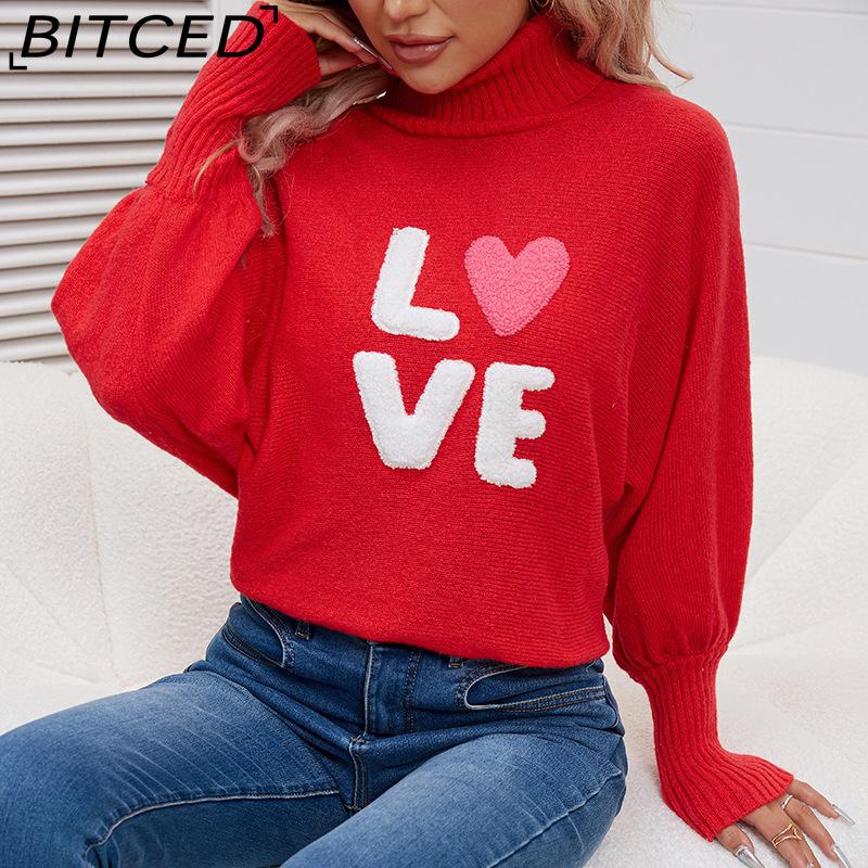 BITCED Valentine's Day LOVE Red Turtleneck Sweater Batwing Sleeve Oversized Pullover Knit Top