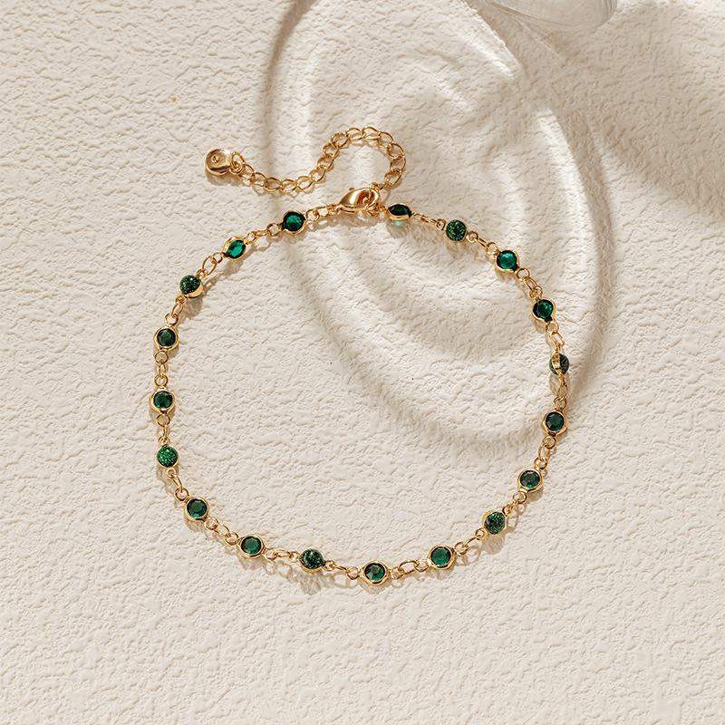 Women Niche Design 18k Gold Plated Emerald Glass Anklet Vacation Foot Jewelry