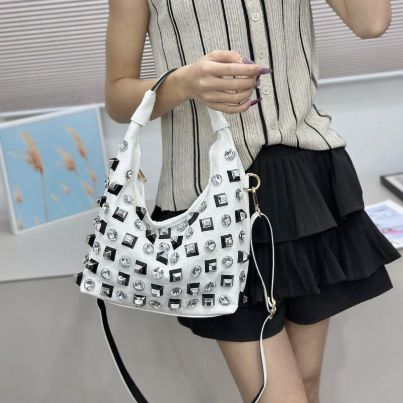 Stylish Rhinestone-Embellished Large Capacity Tote Bag Women Crossbody Commuter Shoulder In White Red Black Gold