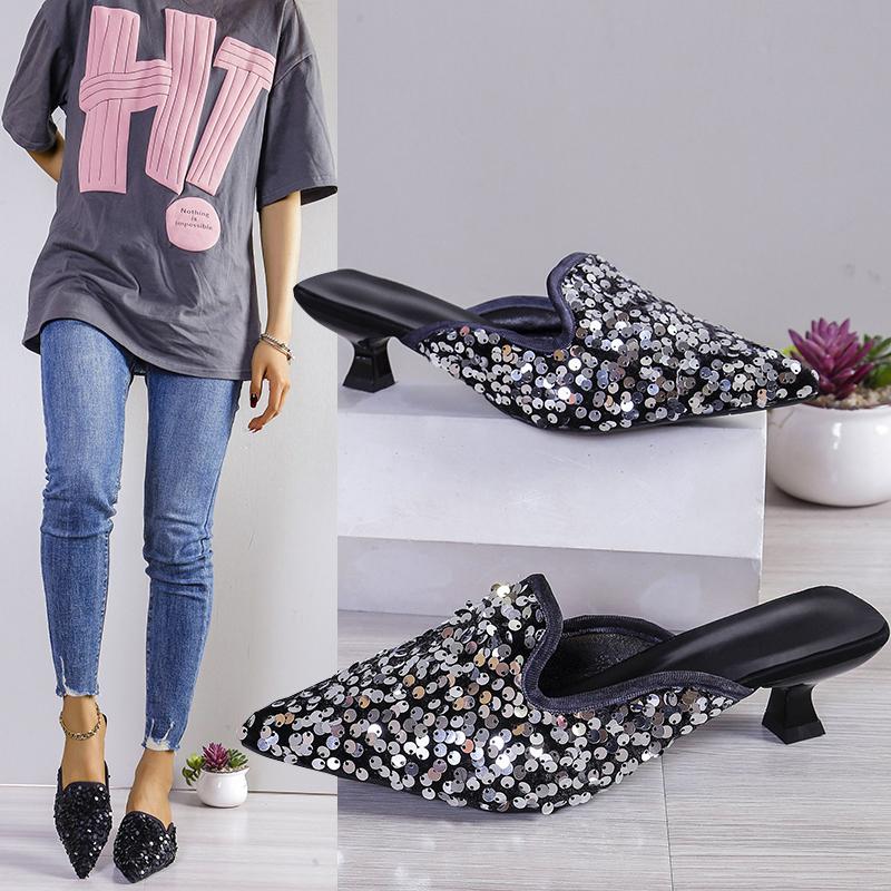 Fashion Summer and Autumn New High-heeled Toe-toe Slippers, Thin Heels, Fashionable and Trendy Women's Shoes, Outdoor Sequined Sandals