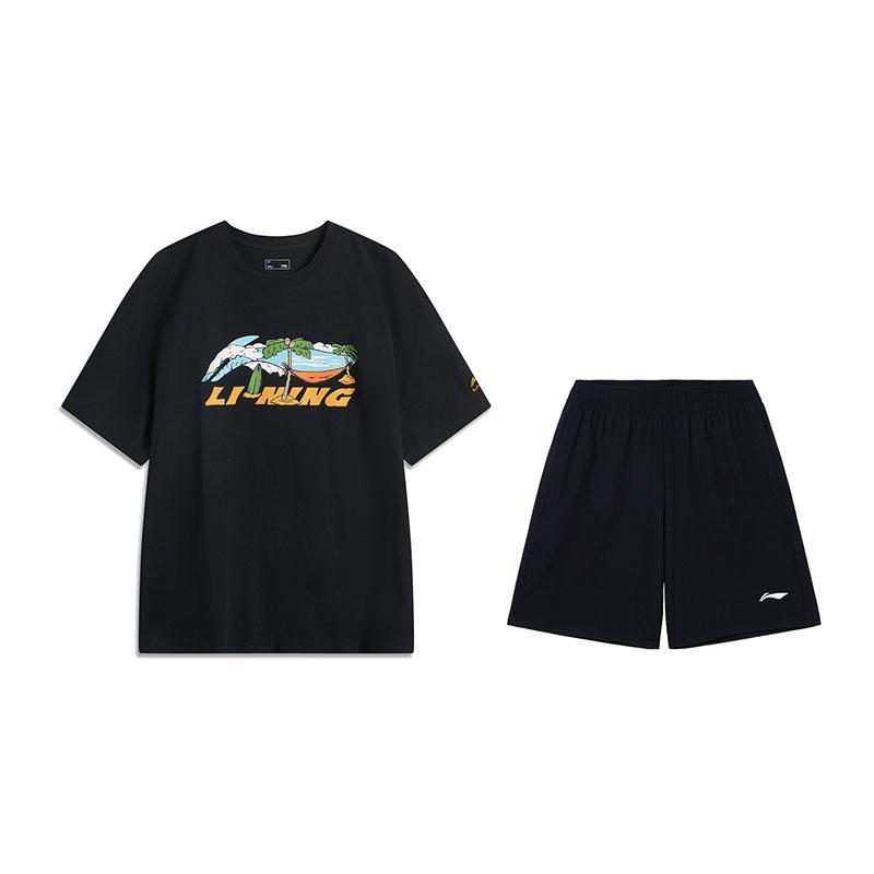 

Li-Ning Fashionable Versatile Breathable Short Sleeve Comfortable Shorts Casual Sports Suit Men suit Black V369-3+W685-1 S