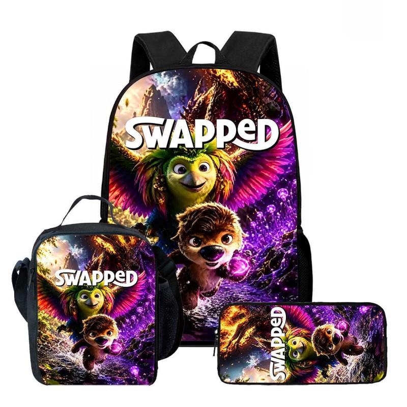 Kids Cartoon Backpack Lunch Bag Pencil Case 3-Piece Set With Fun Print Design School Use