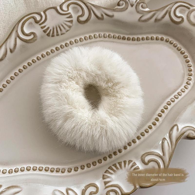 White Plush Hair Ring Elastic Band Headband with Ball - Autumn/Winter Accessories for Women
