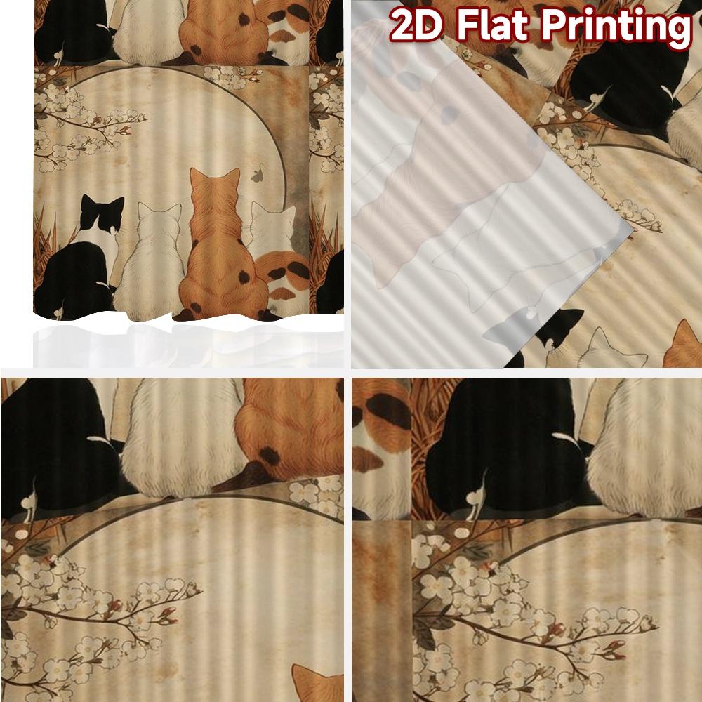 2D FLAT PRINTING 2pcs Curtains (Without Rod) Cats Watching Cherry Blossoms Popular Curtains Digital Printed Versatile Polyester
