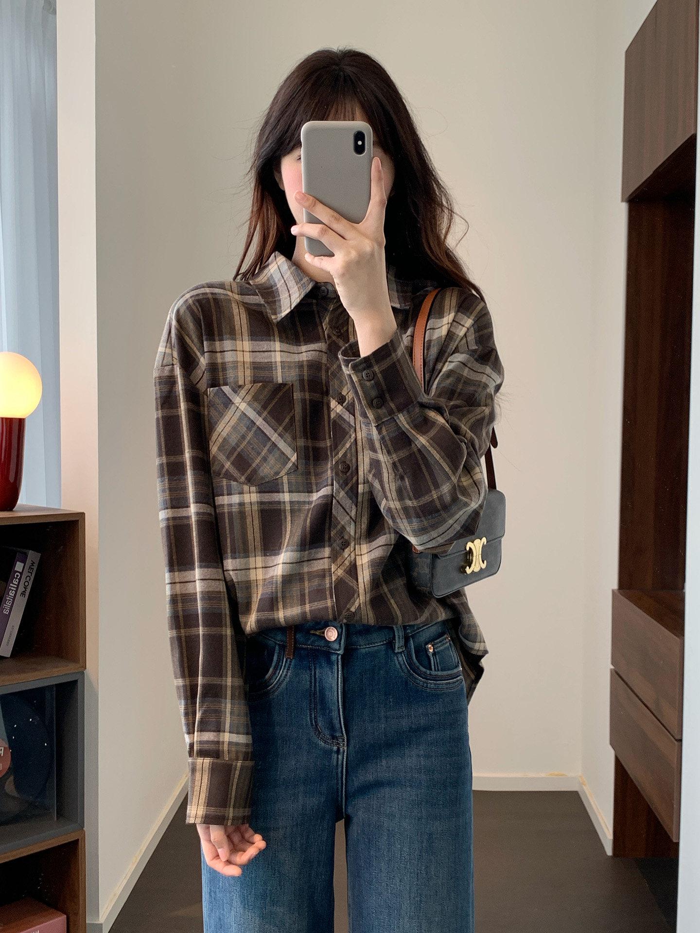 Spring Arrival: Retro Plaid Lapel Shirt – Loose, Versatile Drop Shoulder for Layering and Commuting. M