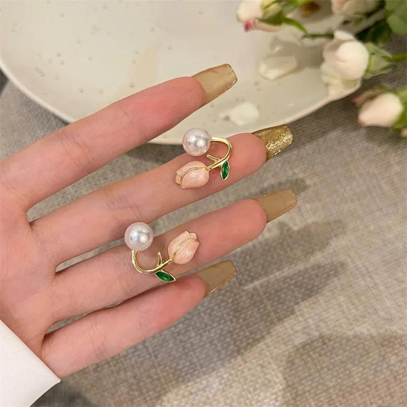 Sweet Cute Enamel Pearl Tulip Flower Stud Earrings for Women Korean Temperament Back Hanging Earring Fashion Jewelry