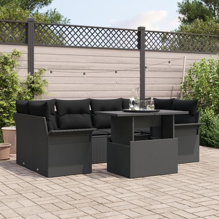 VidaXL Set de canapé de jardin 7 pièces avec coussins noir poly rattan 3348219