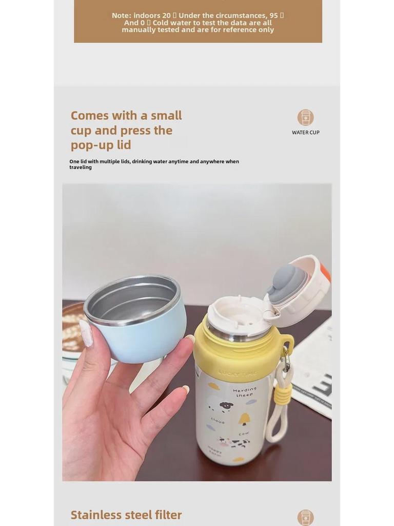 Copo térmico de desenho animado de dupla utilização com corda fofa - Garrafa de água portátil de aço inoxidável para meninas