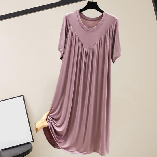 Dámské noční šaty plisované tenký kulatý výstřih Krátké rukávy Volné Spánek Jednobarevné Oblečení ke kolenům Oblečení Domácí Šaty Dámské Oblečení