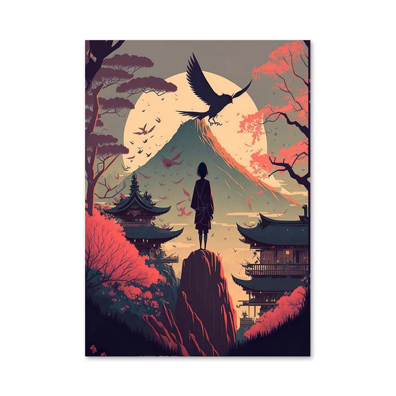 Retro Fantasy Japan House Village Landscape Posters and Prints Canvas Paintings Sakura Lake Wall Art For Living Room Home Decor