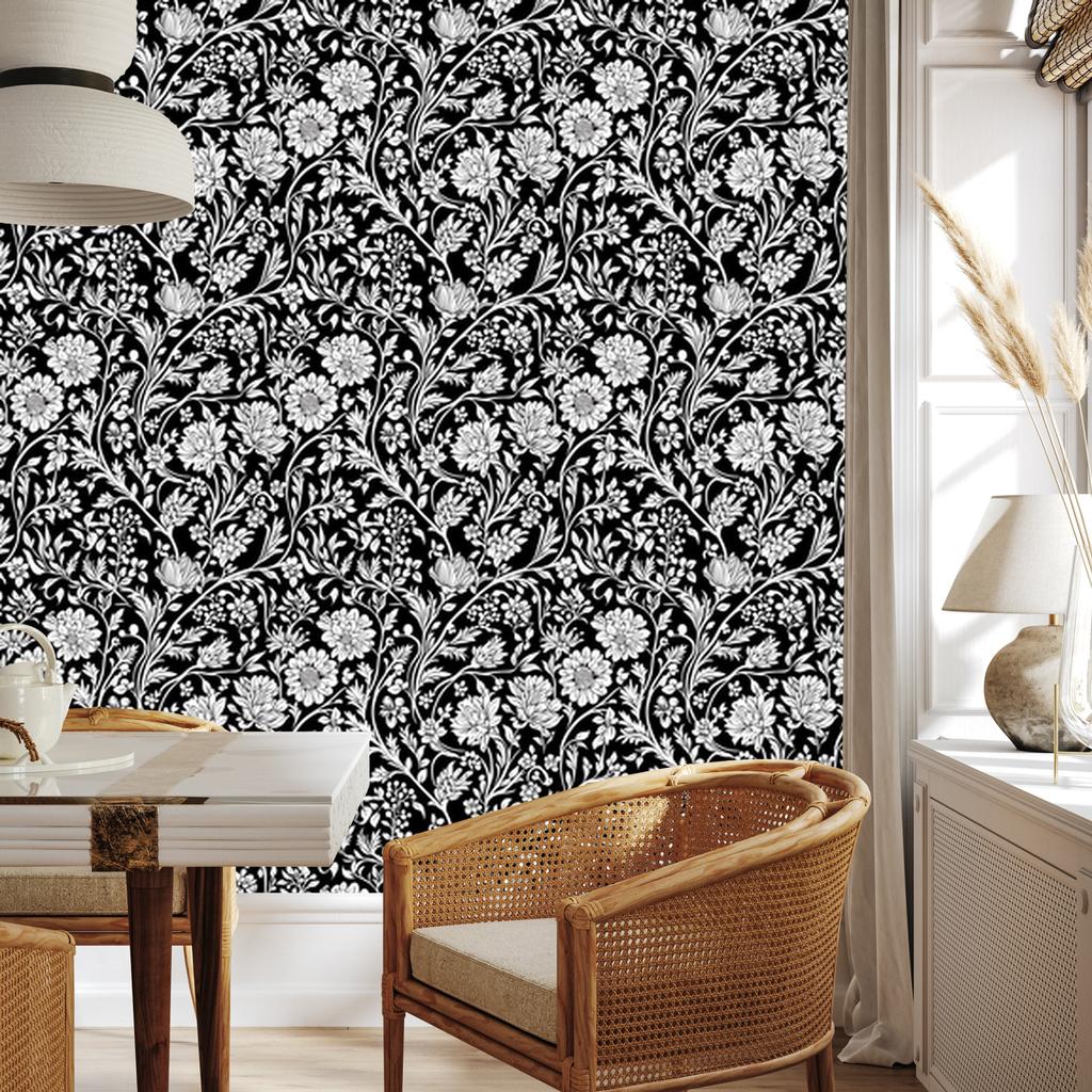 Wallpaper Black and white flowers graphite, gray and light gray 50x1000
