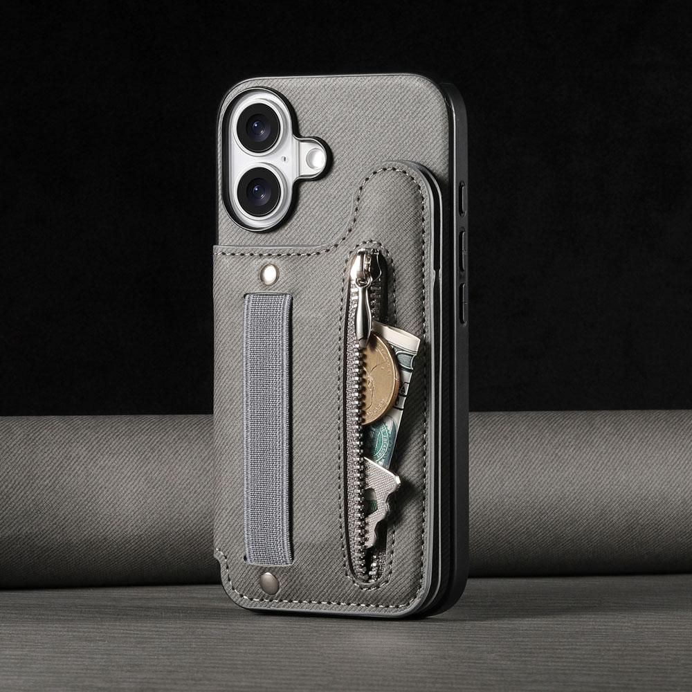 Zipper Cards Solt Wallet Leather Case for iPhone 16 15 13 Pro Max 14 Plus 16Pro 15Pro Elastic Rope Wrist Leather Cover