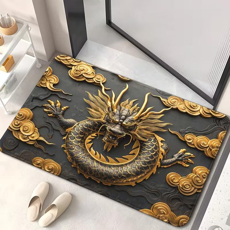Golden Dragon Art Pattern Christmas Door Mat Anti Slip Bathroom Floor Mat Water Absorber Washing Floor Mat Golden Dragon Pattern 40cm x 60cm