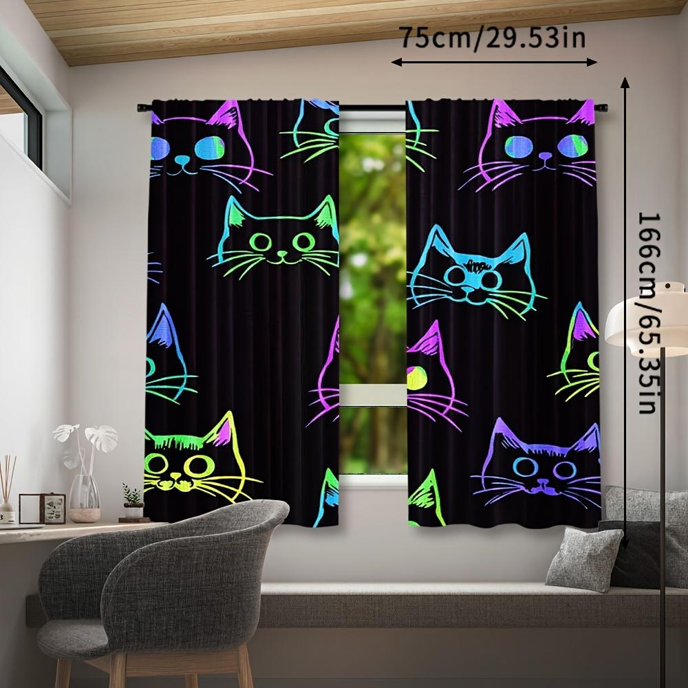 Set Of 2 Fluorescent Cat Print Curtains Installation Polyester Drapes Bedroom Living Room Curtain Sheer For Great Made With Rod Pocket