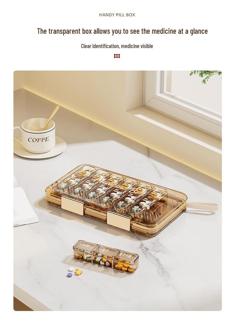 Portable Weekly Pill Organizer with Transparent, Sealed Compartments.