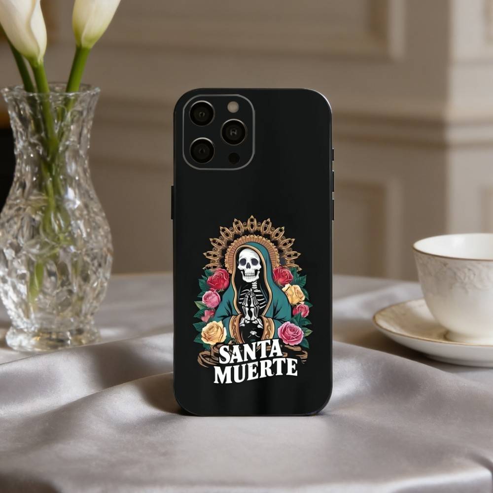 S-Santa M-Muerte P-print Phone Case For iPhone 17,16,15,14,13,12,11 Plus,Pro Max,XS,Soft Silicone Black Cover